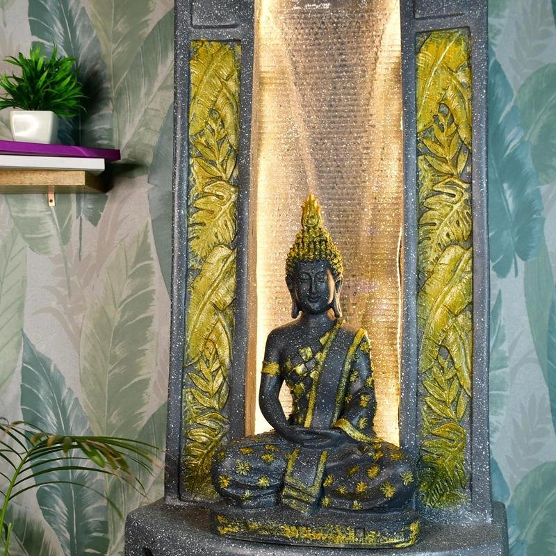 Sowpeace Golden Buddha Water Fountain – Elegant Buddha Sitting Against Tall Wall for Luxurious Home Decor & Gifts – view 3