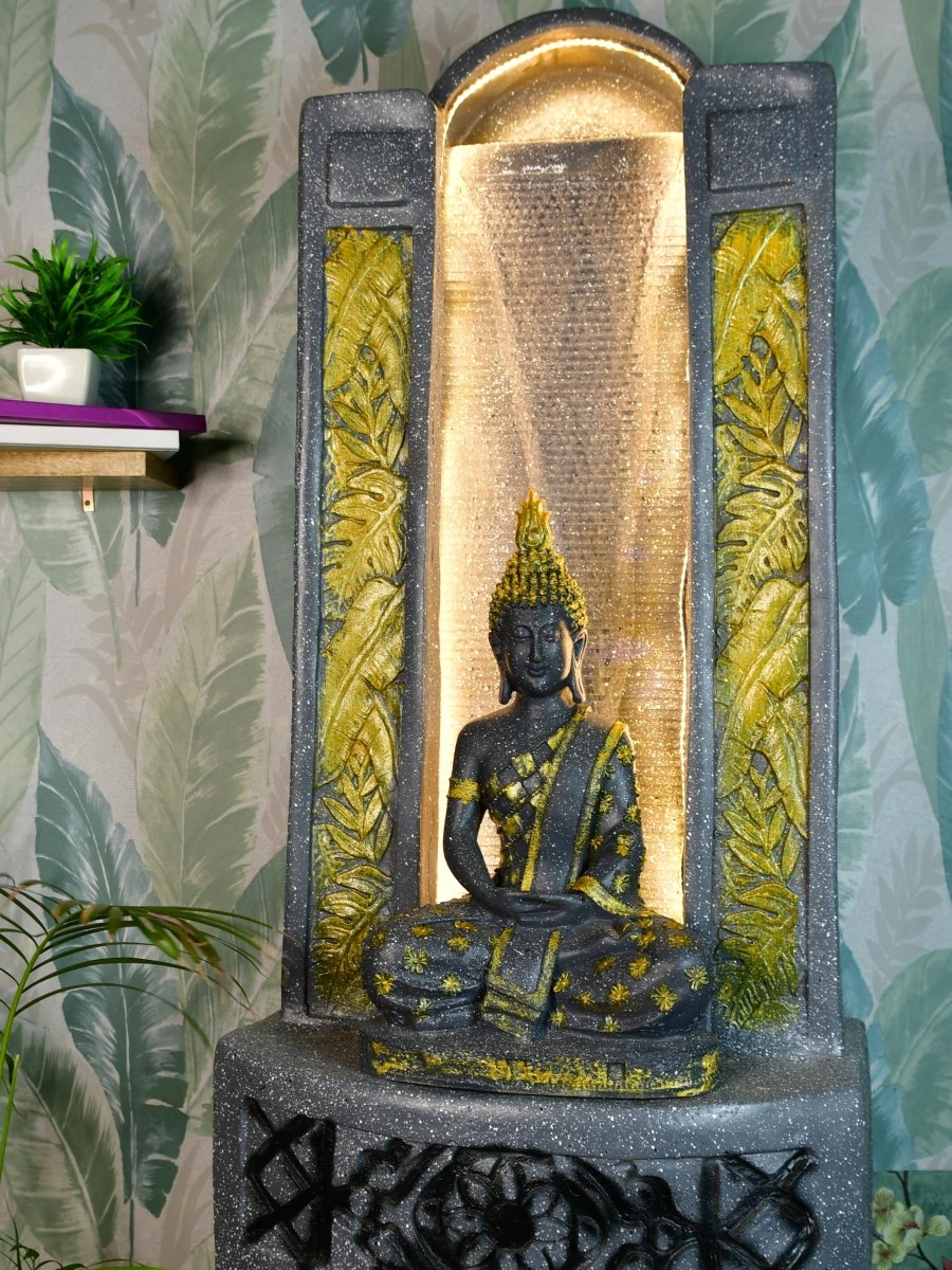 Sowpeace Golden Buddha Water Fountain – Elegant Buddha Sitting Against Tall Wall for Luxurious Home Decor & Gifts