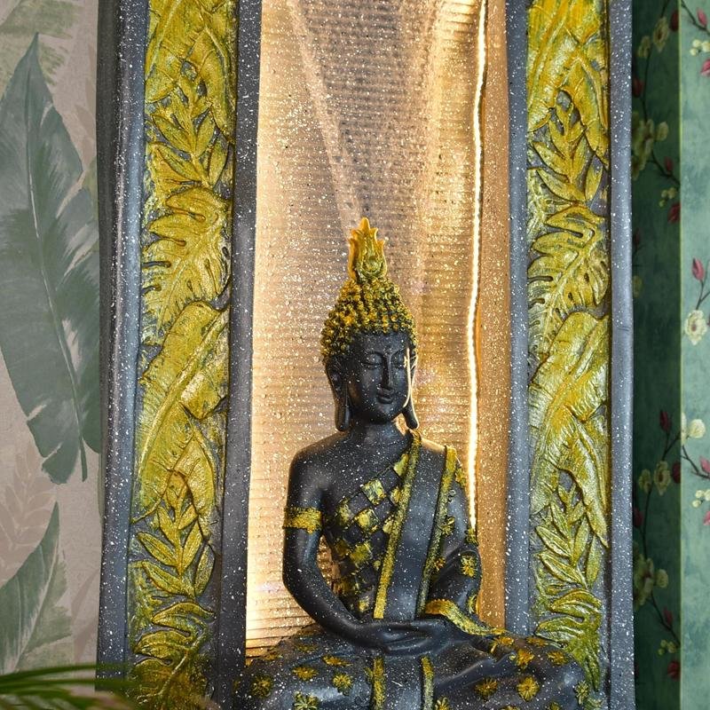 Sowpeace Golden Buddha Water Fountain – Elegant Buddha Sitting Against Tall Wall for Luxurious Home Decor & Gifts – view 2