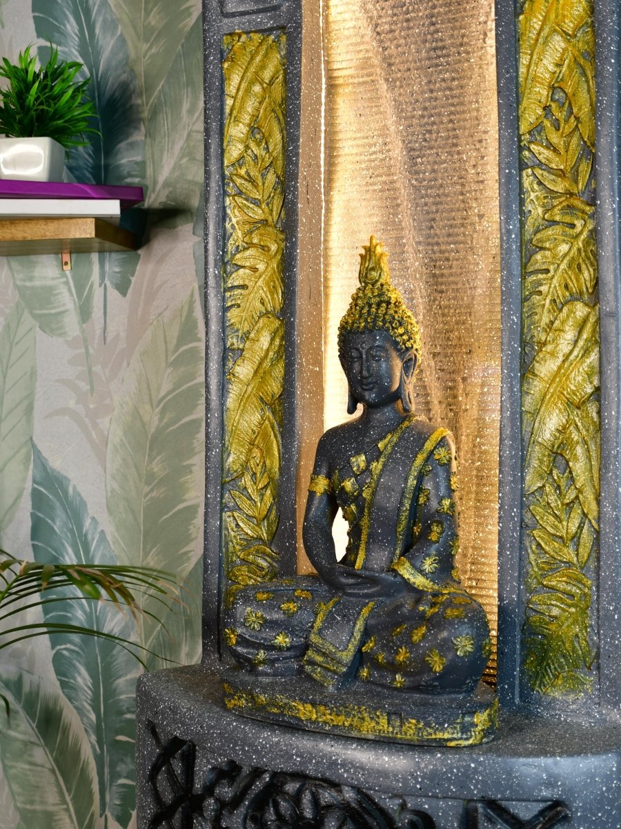 Sowpeace Golden Buddha Water Fountain – Elegant Buddha Sitting Against Tall Wall for Luxurious Home Decor & Gifts