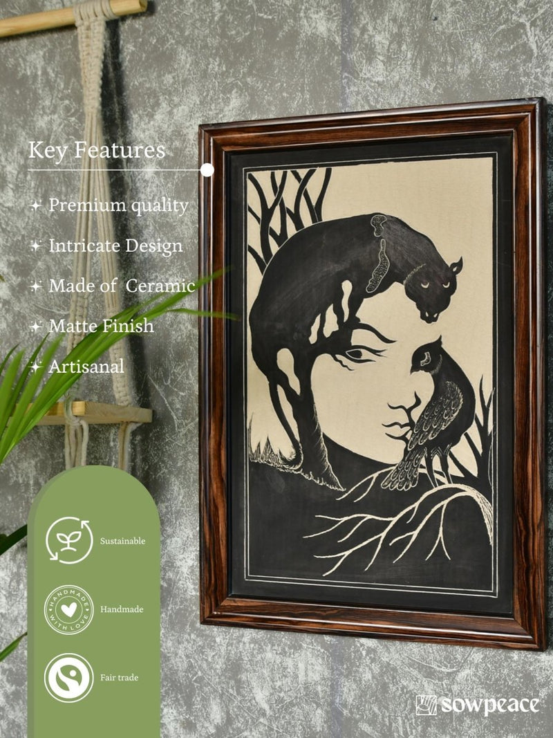 Sowpeace Hand-Carved Ceramic Lady face formed with Panther and bird Wall Décor – view 5