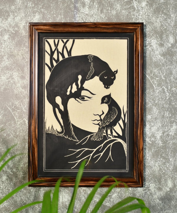 Sowpeace Hand-Carved Ceramic Lady face formed with Panther and bird Wall Décor — main view