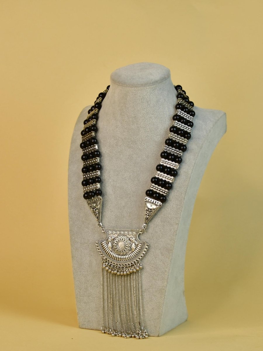 Sowpeace Handcrafted German Silver Necklace: Black Beads & Chain Drops