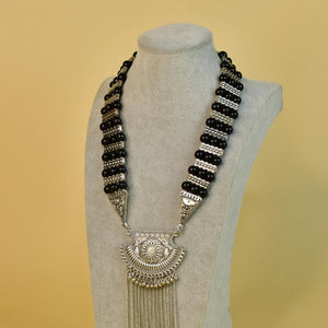 Sowpeace Handcrafted German Silver Necklace: Black Beads & Chain Drops - Necklace - SOWPEACE - Sowpeace Handcrafted German Silver Necklace: Black Beads & Chain Drops - Flow - Neck - GS - HCB - Sowpeace