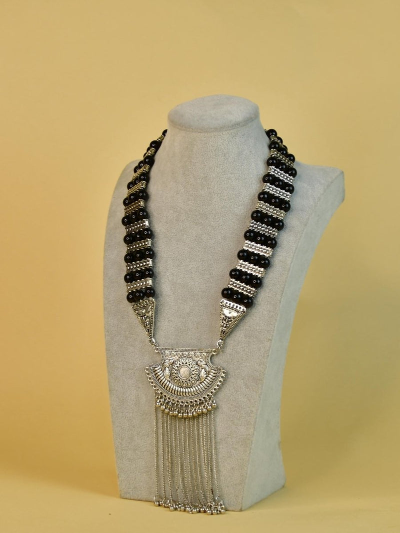 Sowpeace Handcrafted German Silver Necklace: Black Beads & Chain Drops – view 3