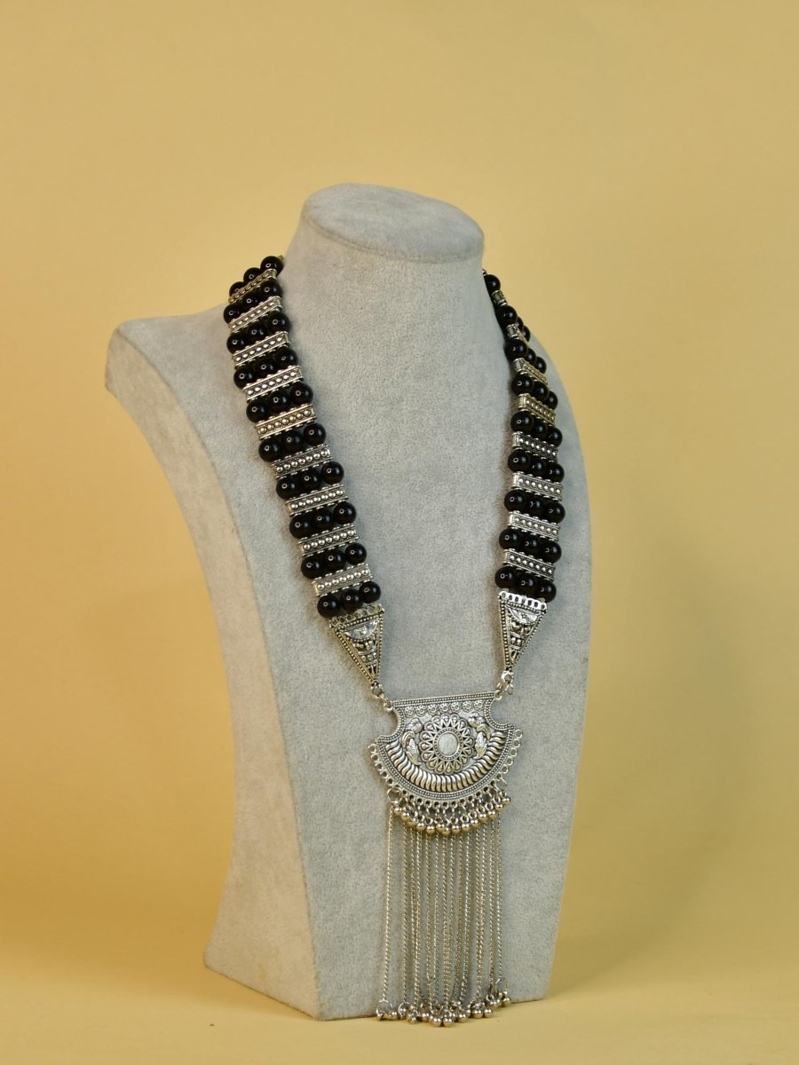 Sowpeace Handcrafted German Silver Necklace: Black Beads & Chain Drops - Necklace - SOWPEACE - Sowpeace Handcrafted German Silver Necklace: Black Beads & Chain Drops - Flow - Neck - GS - HCB - Sowpeace