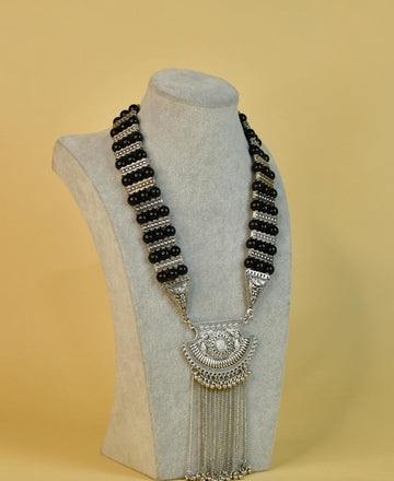 Sowpeace Handcrafted German Silver Necklace: Black Beads & Chain Drops — alternate view