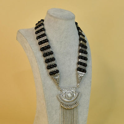 Sowpeace Handcrafted German Silver Necklace: Black Beads & Chain Drops