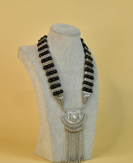 Sowpeace Handcrafted German Silver Necklace: Black Beads & Chain Drops