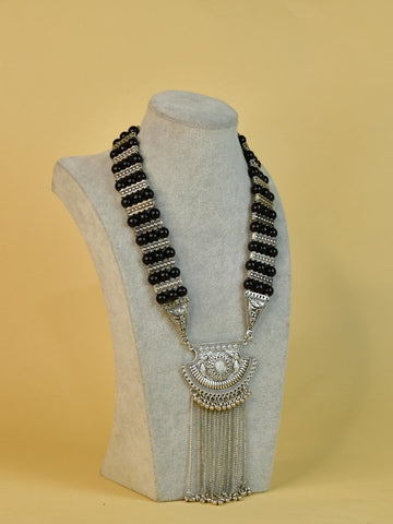 Sowpeace Handcrafted German Silver Necklace: Black Beads & Chain Drops - Additional View