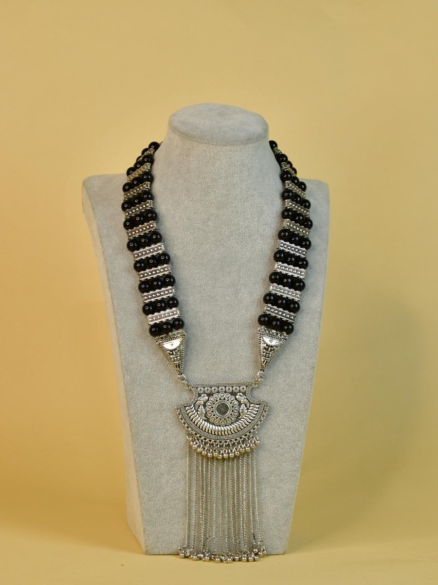 Sowpeace Handcrafted German Silver Necklace: Black Beads & Chain Drops