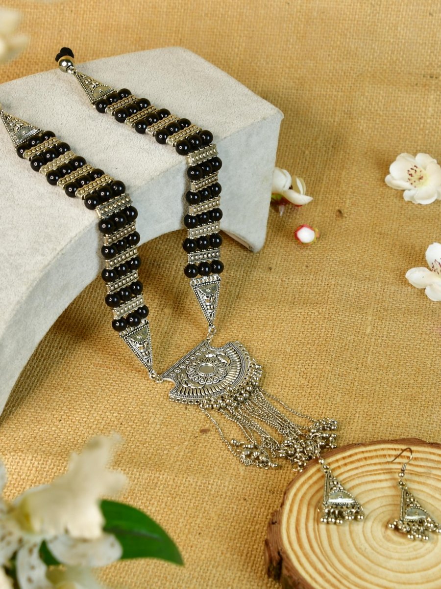 Sowpeace Handcrafted German Silver Necklace: Black Beads & Chain Drops