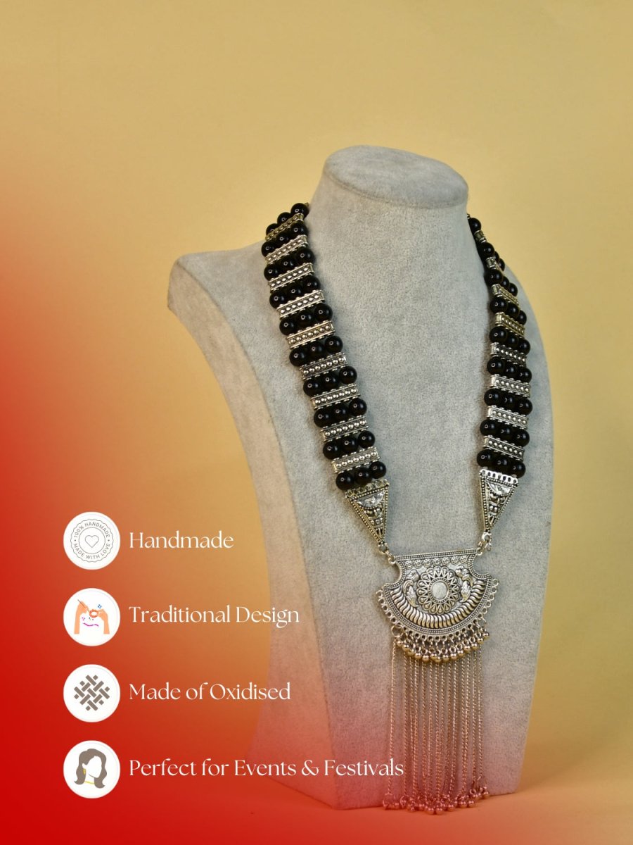 Sowpeace Handcrafted German Silver Necklace: Black Beads & Chain Drops