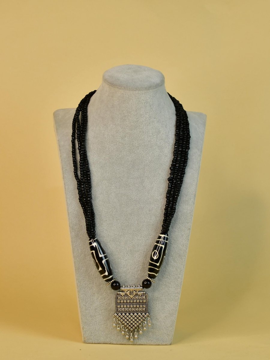 Sowpeace Handcrafted German Silver Necklace: Black Beads & Dzi Pendant - Necklace - SOWPEACE - Sowpeace Handcrafted German Silver Necklace: Black Beads & Dzi Pendant - bead - Neck - GS - BBSP - Sowpeace