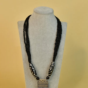 Sowpeace Handcrafted German Silver Necklace: Black Beads & Dzi Pendant - Necklace - SOWPEACE - Sowpeace Handcrafted German Silver Necklace: Black Beads & Dzi Pendant - bead - Neck - GS - BBSP - Sowpeace