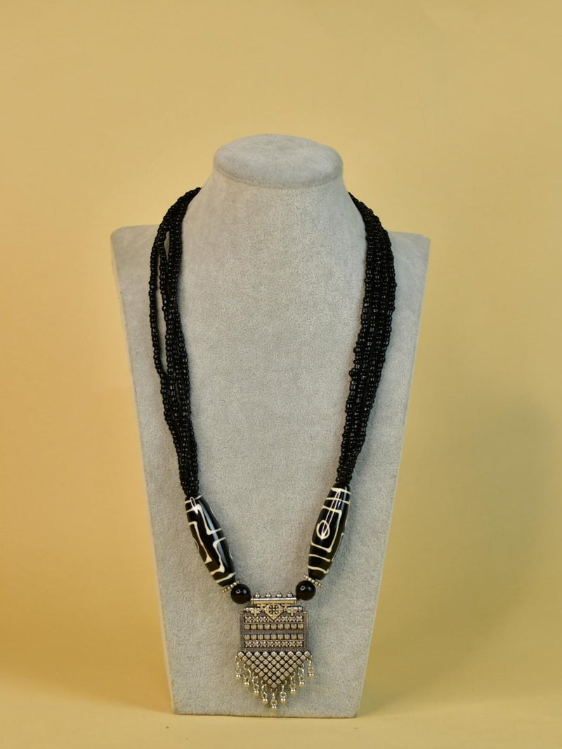 Sowpeace Handcrafted German Silver Necklace: Black Beads & Dzi Pendant – view 4