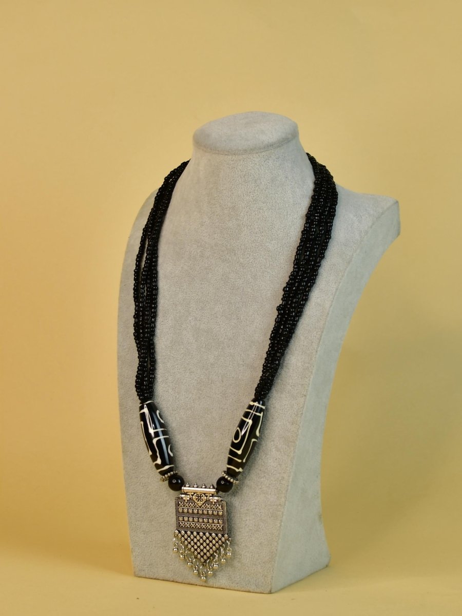 Sowpeace Handcrafted German Silver Necklace: Black Beads & Dzi Pendant - Necklace - SOWPEACE - Sowpeace Handcrafted German Silver Necklace: Black Beads & Dzi Pendant - bead - Neck - GS - BBSP - Sowpeace