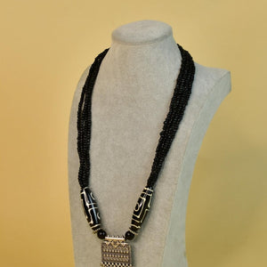 Sowpeace Handcrafted German Silver Necklace: Black Beads & Dzi Pendant - Necklace - SOWPEACE - Sowpeace Handcrafted German Silver Necklace: Black Beads & Dzi Pendant - bead - Neck - GS - BBSP - Sowpeace