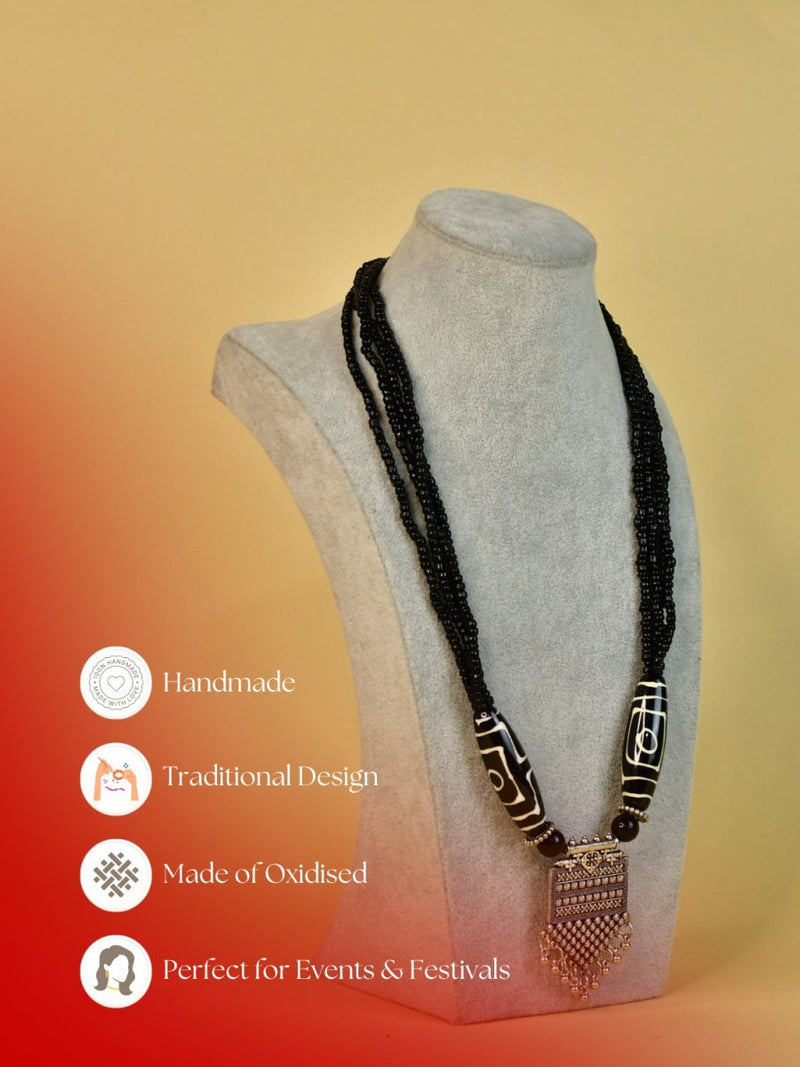 Sowpeace Handcrafted German Silver Necklace: Black Beads & Dzi Pendant – view 6