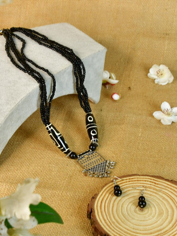 Sowpeace Handcrafted German Silver Necklace: Black Beads & Dzi Pendant - Necklace - SOWPEACE - Sowpeace Handcrafted German Silver Necklace: Black Beads & Dzi Pendant - bead - Neck - GS - BBSP - Sowpeace