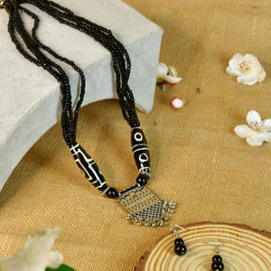 Sowpeace Handcrafted German Silver Necklace: Black Beads & Dzi Pendant - Necklace - SOWPEACE - Sowpeace Handcrafted German Silver Necklace: Black Beads & Dzi Pendant - bead - Neck - GS - BBSP - Sowpeace