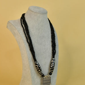 Sowpeace Handcrafted German Silver Necklace: Black Beads & Dzi Pendant - Necklace - SOWPEACE - Sowpeace Handcrafted German Silver Necklace: Black Beads & Dzi Pendant - bead - Neck - GS - BBSP - Sowpeace