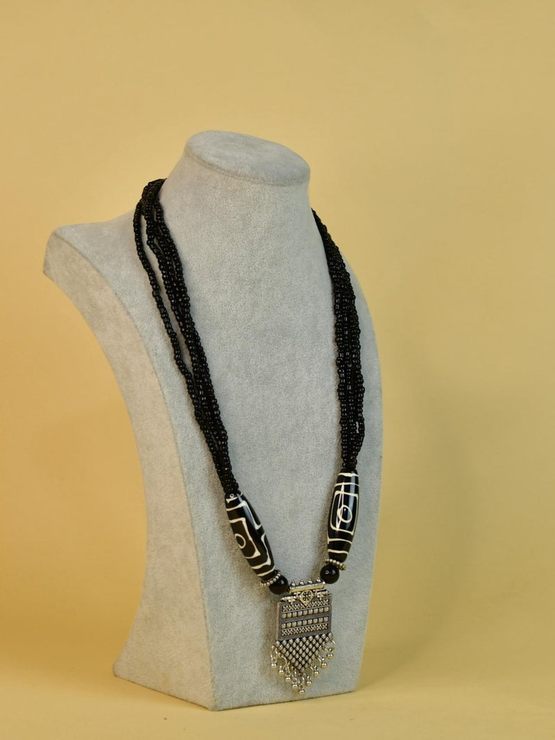 Sowpeace Handcrafted German Silver Necklace: Black Beads & Dzi Pendant – view 2