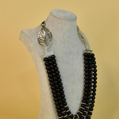 Sowpeace Handcrafted German Silver Necklace: Black Beads & Leaf Design