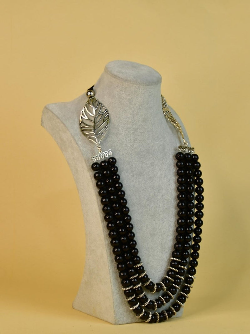 Sowpeace Handcrafted German Silver Necklace: Black Beads & Leaf Design – view 2