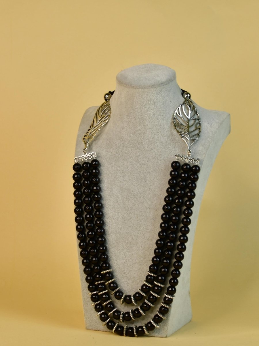 Sowpeace Handcrafted German Silver Necklace: Black Beads & Leaf Design - Necklace - SOWPEACE - Sowpeace Handcrafted German Silver Necklace: Black Beads & Leaf Design - Flow - Neck - GS - GSLM - Sowpeace