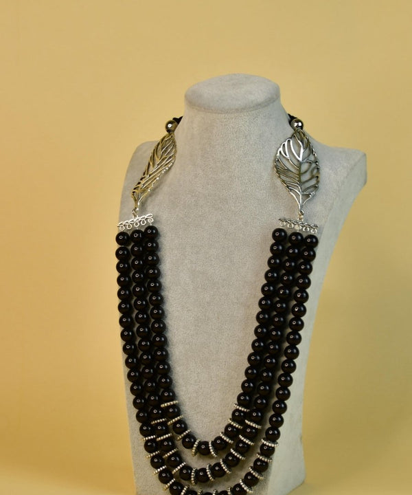 Sowpeace Handcrafted German Silver Necklace: Black Beads & Leaf Design — image 3