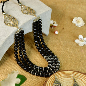 Sowpeace Handcrafted German Silver Necklace: Black Beads & Leaf Design - Necklace - SOWPEACE - Sowpeace Handcrafted German Silver Necklace: Black Beads & Leaf Design - Flow - Neck - GS - GSLM - Sowpeace