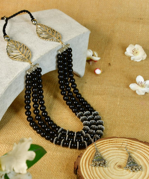 Sowpeace Handcrafted German Silver Necklace: Black Beads & Leaf Design