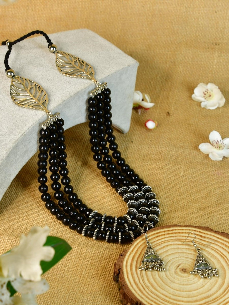 Sowpeace Handcrafted German Silver Necklace: Black Beads & Leaf Design – view 1