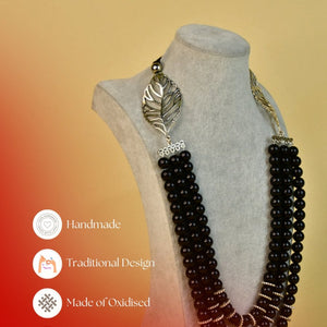 Sowpeace Handcrafted German Silver Necklace: Black Beads & Leaf Design - Necklace - SOWPEACE - Sowpeace Handcrafted German Silver Necklace: Black Beads & Leaf Design - Flow - Neck - GS - GSLM - Sowpeace