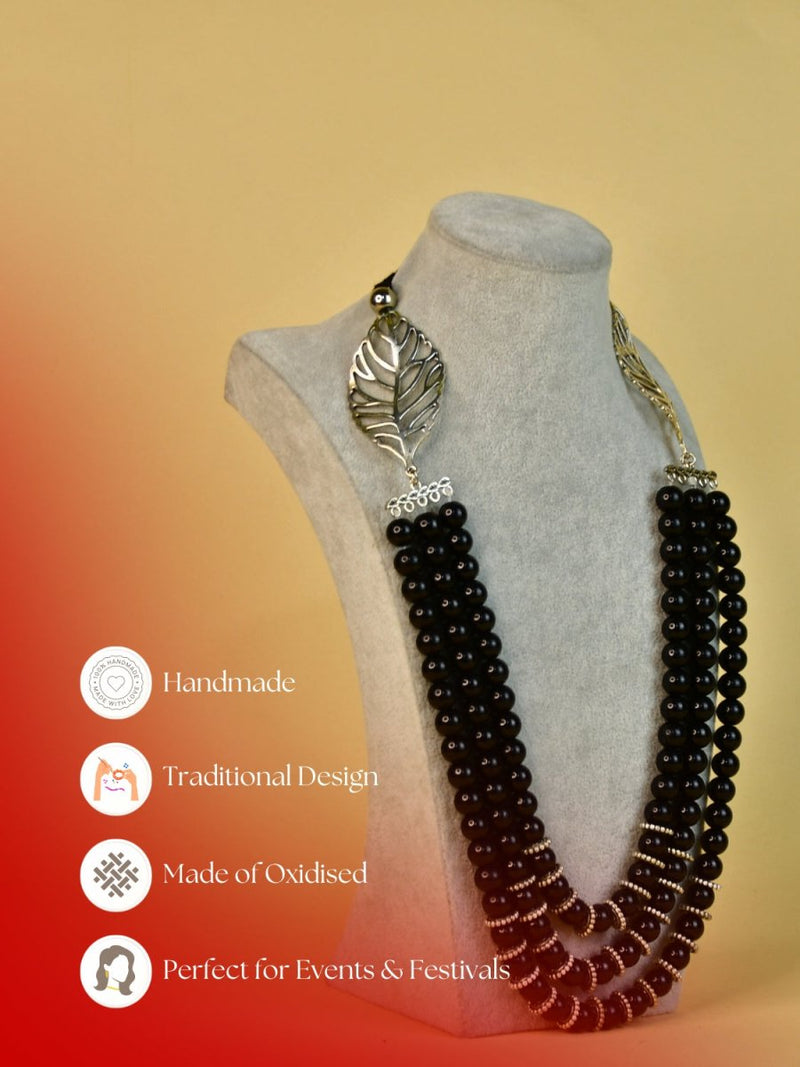 Sowpeace Handcrafted German Silver Necklace: Black Beads & Leaf Design – view 6