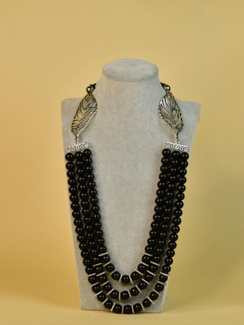 Sowpeace Handcrafted German Silver Necklace: Black Beads & Leaf Design – view 4
