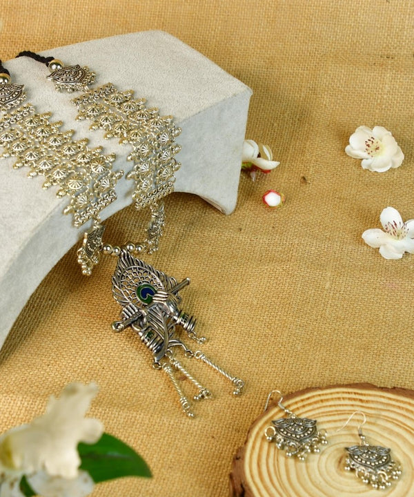 Sowpeace Handcrafted German Silver Necklace: Krishna Flute with Mor Pankh — main view