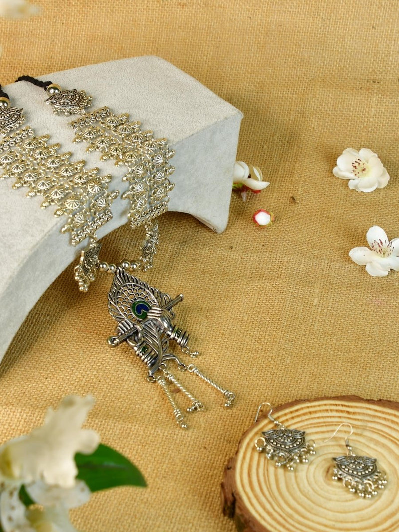 Sowpeace Handcrafted German Silver Necklace: Krishna Flute with Mor Pankh – view 1