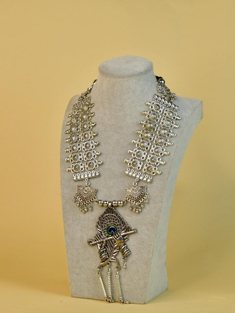 Sowpeace Handcrafted German Silver Necklace: Krishna Flute with Mor Pankh – view 4