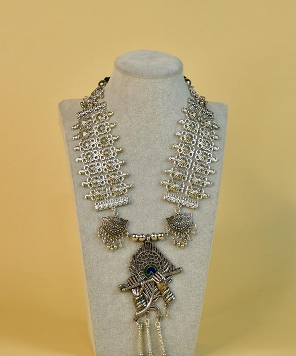 Sowpeace Handcrafted German Silver Necklace: Krishna Flute with Mor Pankh — image 5