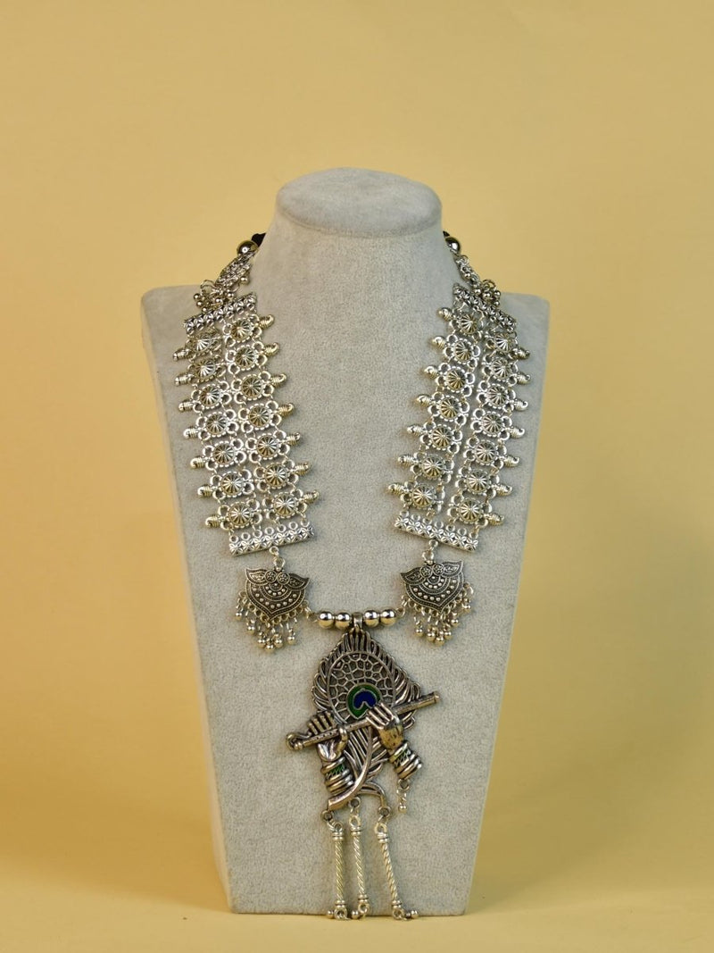 Sowpeace Handcrafted German Silver Necklace: Krishna Flute with Mor Pankh – view 5