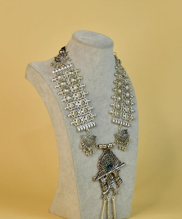 Sowpeace Handcrafted German Silver Necklace: Krishna Flute with Mor Pankh — image 3