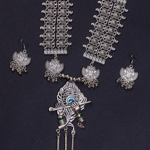 Sowpeace Handcrafted German Silver Necklace: Krishna Flute with Mor Pankh - Necklace - SOWPEACE - Sowpeace Handcrafted German Silver Necklace: Krishna Flute with Mor Pankh - Lord - Neck - GS - LKF - Sowpeace