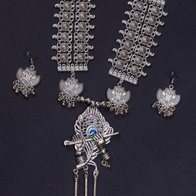 Sowpeace Handcrafted German Silver Necklace: Krishna Flute with Mor Pankh