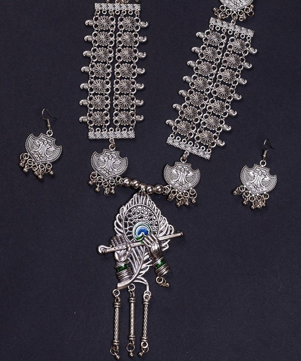 Sowpeace Handcrafted German Silver Necklace: Krishna Flute with Mor Pankh — image 2