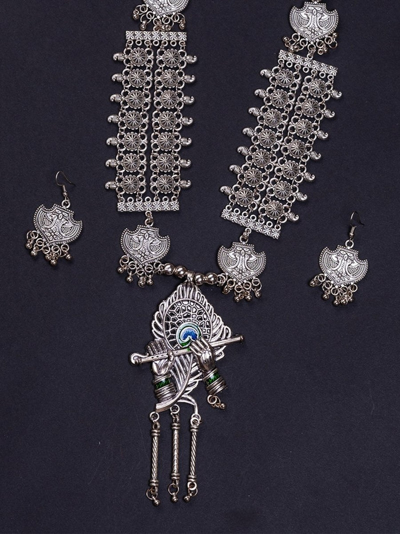 Sowpeace Handcrafted German Silver Necklace: Krishna Flute with Mor Pankh – view 2