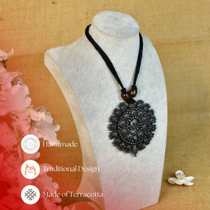 Sowpeace Handcrafted Terracotta Necklace: Black Pendant with Flower Design - Necklace - SOWPEACE - Sowpeace Handcrafted Terracotta Necklace: Black Pendant with Flower Design - Flow - Pend - BTER - PTC - Sowpeace