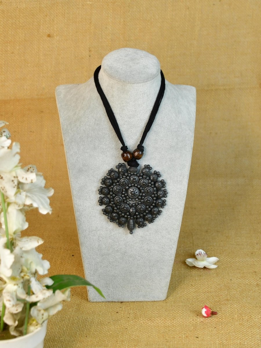 Sowpeace Handcrafted Terracotta Necklace: Black Pendant with Flower Design - Necklace - SOWPEACE - Sowpeace Handcrafted Terracotta Necklace: Black Pendant with Flower Design - Flow - Pend - BTER - PTC - Sowpeace