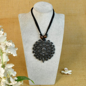 Sowpeace Handcrafted Terracotta Necklace: Black Pendant with Flower Design - Necklace - SOWPEACE - Sowpeace Handcrafted Terracotta Necklace: Black Pendant with Flower Design - Flow - Pend - BTER - PTC - Sowpeace